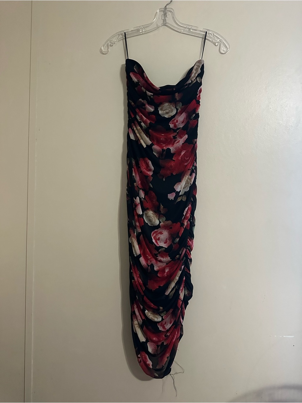 Strapless Black Dress with Red and Cream Floral Print